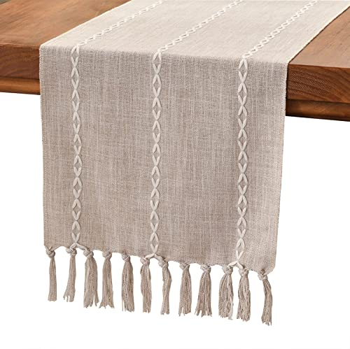 Wracra Bauernhaus Kaffee Tischläufer Vintage Baumwoll Leinen Tischläufer Rustikale 150cm mit Handquasten für Partys, Esszimmer-Dekorationen, Dessert-Tischdekoration(Leichter Kaffee, 150cm)