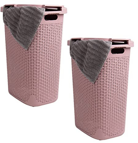 Mind Reader Basket Collection Lot de 2 paniers à linge fins, capacité de 60 litres, poignées découpées, couvercle à charnière attaché, ventilé, rose