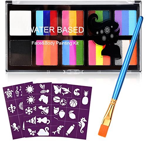 Peinture Corporelle,Palette de Maquillage Enfants,Peinture pour le Visage,10 Couleurs,1 Pinceaux,Kit de Professionnel Peinture,Dramatique Effets SpéCiaux Halloween Carnaval Maquillage Peinture