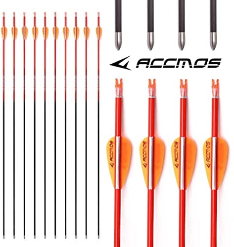 ACCMOS Spine 1000 ID 4,2 mm Bogenschießen Pfeile, für Compound- und Recurve-Bögen, Jagd oder Schießen, Orange oder Gelb, Carbon, Beidhändig, 28 Zoll