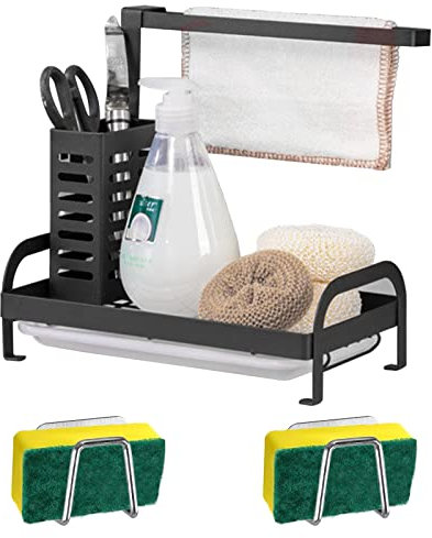 SLFYEE 3PCS Organizador Sink Caddy, Organizador Estropajo Fregadero Guarda Estropajos Soporte para Utensilios Acero Inoxidable, Soporte de Esponja con toallero, Bandeja Extraíble, Negro