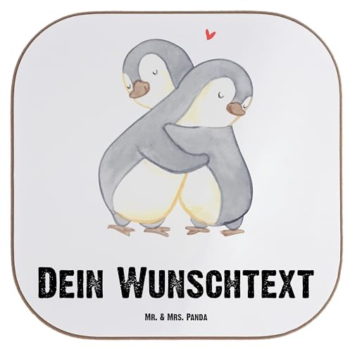 Mr. & Mrs. Panda Personalisierter Bierdeckel Pinguine Kuscheln - Personalisierte Geschenke, Mitbringsel, Untersetzer, personalisiert, Glasuntersetzer, Valentinstag, Bedruckt, Liebesgeschenk