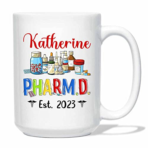 Taza de café blanca de graduación farmacéutica de farmacia, nombre personalizado, taza de café de graduación farmacéutica de 11 15 onzas, taza de regalo para estudiantes de técnico de farmacia, tazas