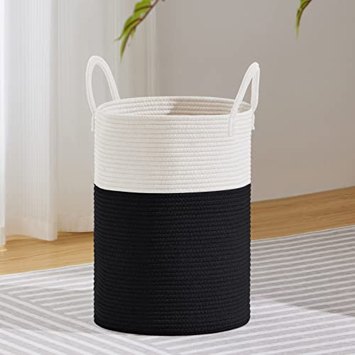 VIPOSCO Tall Laundry Hamper, Woven Rope Storage Basket for Blanket, Toys, Dirty Clothes in Living Room, Bathroom, Bedroom - 30L Black & White