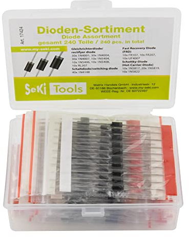 Seki Dioden Sortiment 240 Stück, 14 Werte, Gleichrichterdiode, Schottky, Schaltdiode; 1N4001 1N4004 1N4007 1N5404 1N5406 1N5408 RL207 FR107 RL207 UF4007 1N5817 1N5819 1N5822 1N4148