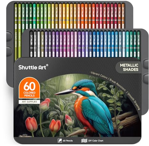 Shuttle Art Metallic Buntstifte Set, 60 Buntstifte metallic, Glitzer Buntstifte für Erwachsene, Anfänger zum Malen, Färben, Zeichnen, metallische Holzstifte, Farbstifte für Kinder