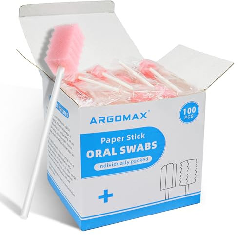 ARGOMAX Tamponi orali usa e getta, tamponi di carta per orale, confezionati singolarmente, inodore, per la pulizia della bocca e delle gengive, a forma di dente di sega, rosa, 100 pezzi.