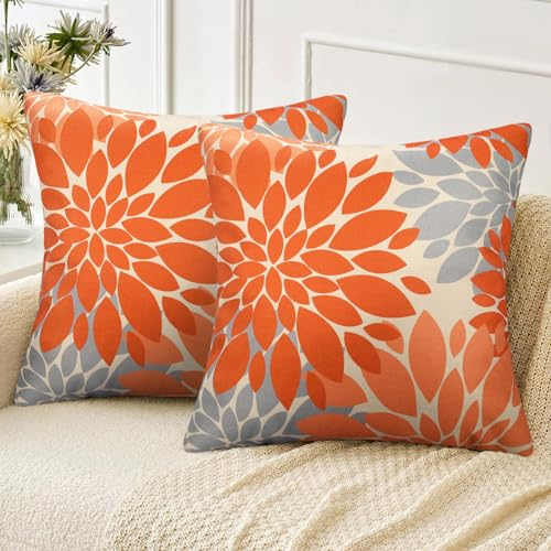 Velvhom Deko Kissenbezug 45x45 Sofakissen Orange and Grau 2er Set Kissenbezüge Weich Leinen Dahlie Kissenhülle Outdoor Kissen Geometrisch Zierkissen Kuschelig Kissen Bezüge Wohnzimmer Sofa