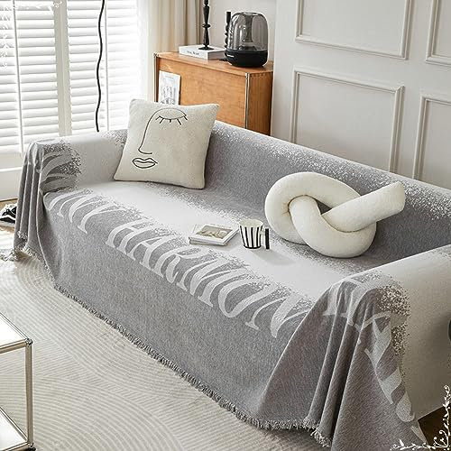 Mesnt Sofa Überzug Outdoor, Chenille Sofaüberwurf Decke Couch mit Kunstgraffiti mit aufgedruckten englischen Buchstaben Harmony Lichtgrau, 180x400CM