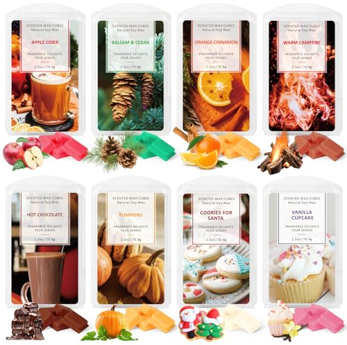 LA BELLEFÉE Duftwachs Wax Melt, Sojawachs Duftwachswürfel, Raumduft, Duftlampen Wachs, Geschenk für Weihnachtsdeko, 8 Düfte, Kürbisse, Balsam & Zedernholz, Apfelwein, Orange-Zimt