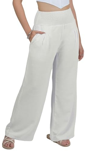 Lofbaz Women Linen Palazzo Wide Leg Pants Flowy Lounge Casual High Waist Trousers Summer Beach Boho Long Pant with Pockets Apricot M