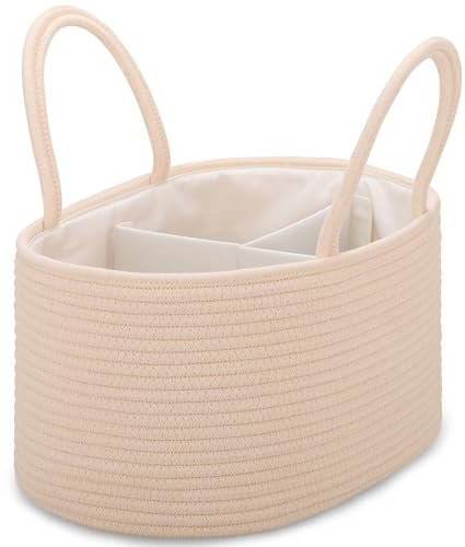 COMSE Large Nappy Caddy Organizer for Girl Boy, Baby Car Diaper Caddy with Handles, Cotton Rope Diaper Basket, Baby Shower Gifts Newborn Essentials Registry Must Have, Beige