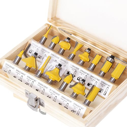 Set 15 Frese per Scanalature Legno codolo 8 mm, Punte per Fresatrice Legno con Codolo da 1/4 , Set Frese per Legno per La Lavorazione del Legno, Punte per Taglio Legno, in Scatola di Legno
