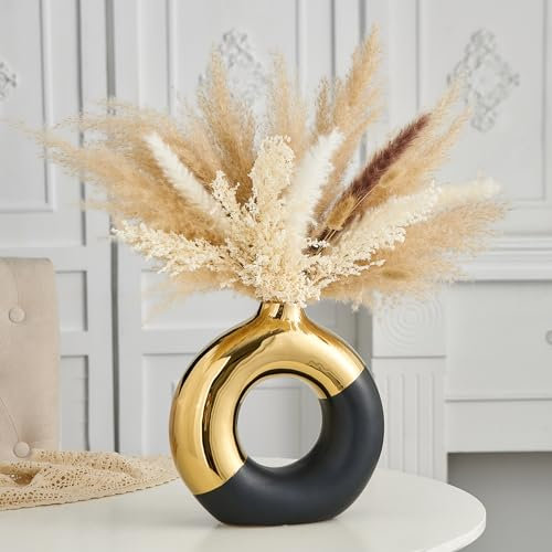 Ceramic Donut Vase, 10 L x 10 H Black and Gold Large Vase for Pampas Grass, Modern Vases for Decor, Gold Vase Centerpieces for Wedding Living Room Bedroom Coffee Table Office Home Decor