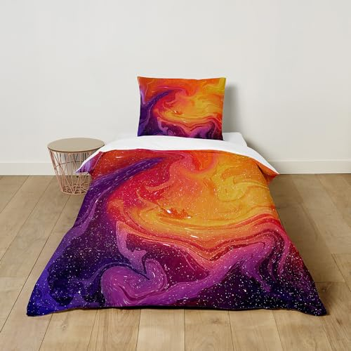 Hiseng Bettwäsche-Sets Kinder Bettwäsche Set mit Kissenbezug, Kuschel Bettwäsche mit Reißverschluss, 3D Ölgemälde Bettbezug für Mädchen und Jungen (120x150cm,Orange Violett)