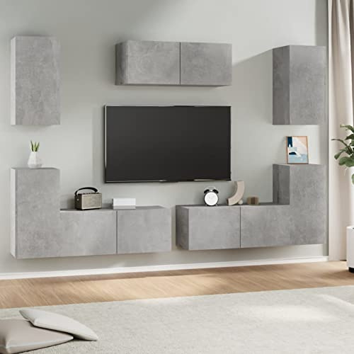DJEKA 7pz Parete Attrezzata Soggiorno Mobili TV Soggiorno Moderni Sospesi Set di Mobili Porta TV in Legno Multistrato Grigio Cemento