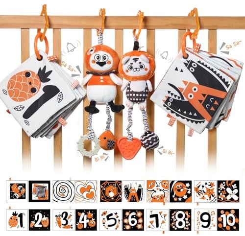 TUMAMA KIDS Kinderwagen Spielzeug 0 Monate, Schwarz Weiss Kontrast Spielzeug Baby mit Hängendem Spielzeug und Buch, Sensorik Neugeborenen Geschenk Junge Mädchen