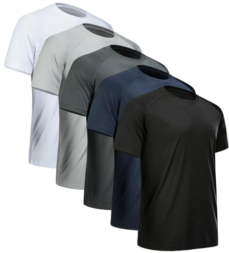 miijoory 5er Pack Sport Tshirts Herren Funktionsshirt Sportshirt Schnelltrocknend Atmungsaktiv Fitnessshirt Trainingsshirt Herren Laufshirt Kurzarm(3XL,Weiß, Schwarz, Dunkelgrau, Hellgrau, Navy)