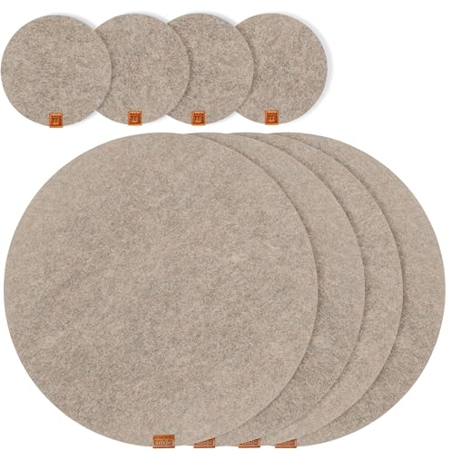 Miqio® Design Runde Tischsets aus Filz abwaschbar | Mit Marken Echtleder Label und Glasuntersetzer | 6 Platzsets 6 Untersetzer | Filzmatte Platzdeckchen waschbar | Beige