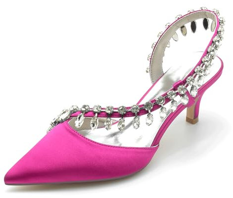 FGRID Women Rhinestones Low Kitten Heel Bridal Shoes, Sexy Closed Toe Slingback Wedding Pumps, Satin Low Stiletto Heel Prom Dress Court Shoes,Rose,3 UK