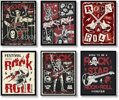 Luodroduo Rock Roll Wandkunst-Set, 6 Stück, dunkle Akademie, Vintage-Schädel, Leinwandposter, Halloween, Party, Musik, Wandbild für Wohnzimmer, Schlafzimmer, rahmenlos (E, 20,3 x 25,4 cm, ungerahmt)