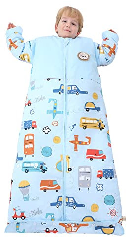 Chilsuessy Winter 2.5 Tog Kinder Schlafsack mit abnehmbaren Ärmeln Baby Schlafsack Bio Baumwolle Ganzjahres Schlafsack für Jungen und Mädchen Warm, 2.5 Tog/Bunter Bus, XL (130-150 cm)