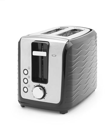 Progress Wave Textured 2-Slice Toaster, 7 Browning Levels, Black | Defrost, reheat, cancel functions, high lift, self-centring slots, removable crumb tray, stainless steel accents, 900W