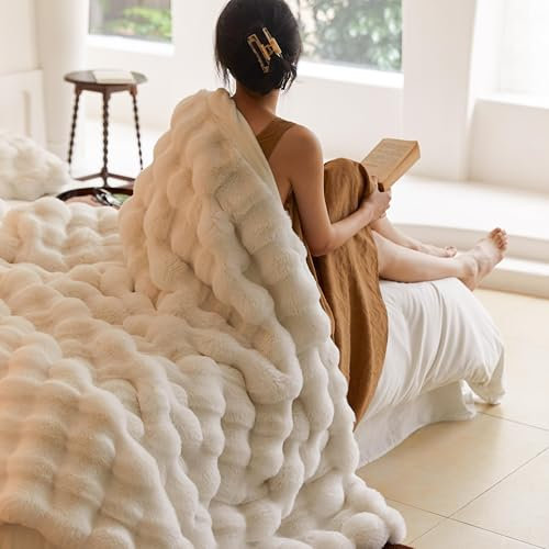 Lanqinglv Kuscheldecke Flauschig Decke 220x240 Weiß,Kaninchen Kunstfell Decke Plüsch,Wohndecke Dick Flanell Couchdecke Warme Überwurfdecke Sofadecke Blanket Für Bett Sofa Schlafzimmer Büro