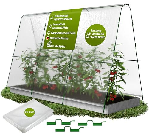 TTL GARDEN Peak XL 300 Folientunnel & Tunnelbogen - Pflanztunnel mit Folie, Beetabdeckung für große Pflanzen 2m hoch, 1,20m breit, 3m lang, Folien Tunnel Bögen System, Stahl rostfrei Tomaten Bohnen