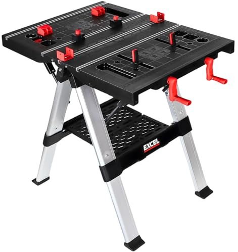 Excel 2-in-1 Folding Portable Workbench & Sawhorse Folding Work Table Clamping System with Adjustable Height Flip-Top, Versatile Workbench, Perfect for Workshop and DIY Tasks