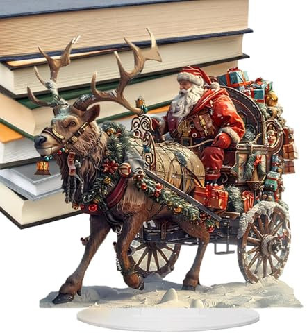 Figura navideña de Papá Noel, Figura de Papá Noel con Reno - Decoración de Pueblo navideño de Invierno acrílico 2D - Figura de Reno en Trineo para decoración de casa de Vacaciones, Invierno
