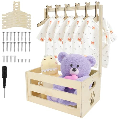 NIHUIFDPY Baby Shower Crate Closet, Wooden Baby Basket with 5 Hangers and Handle, Wood Baby Storage Crate Hamper, Attractive Baby Clothes Rack for Baby Shower Pregnancy New Parent Gifts(Style G)