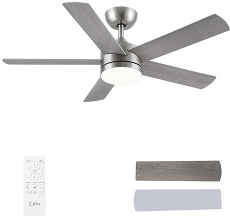 CJOY Ventilador de Techo con Luz, 107cm Ventilador de Techo Silencioso con Mando a Distancia, 6 Velocidades, 3 CCT Regulable, Reversibles CC, Temporizador, Madera/Plata 5 Aspas, Función Memoria