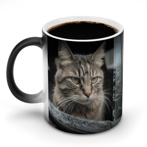 VFMNT Kaffeetasse mit Katzenmotiv im Auto, thermochromische Kaffeetasse, lustige Verfärbung, magische Wärmetemperatur, Farbwechsel, Geschenk für Büro, beste Freundin, Weihnachten