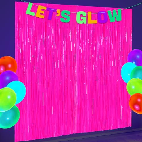 Glow in the Dark Party Supplies, 2 Pcs Fuchsia Glow Party Fringe Curtains Metallic Tinsel Foil as a Grand Entrance for Neon Decorations, 3.3 x 6.6 ft