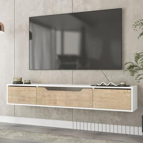 Uniqtrio Modern Floating TV Unit - 180 cm Wall-Mounted Stand with Hidden Storage, Contemporary Cabinet in White/Oak