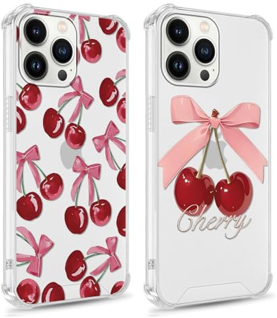 Foonary 2 Pack Transparent Cherry Bow Print Phone Case for iPhone 14 Pro 6.1,Soft Silicone with Cute Design Aesthetics Clear Pattern Cases,Shockproof Bumper Protector Cover Girls for iPhone 14 Pro