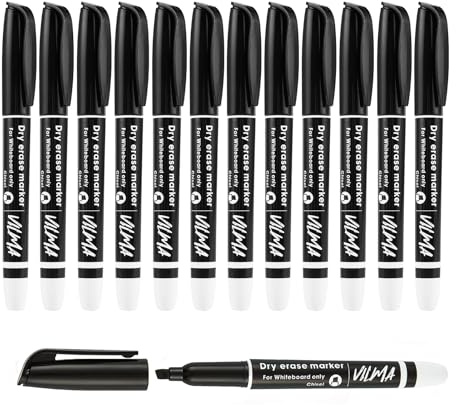 VILMA Black Whiteboard Pens 12 Pack, Professional Chisel Tip Dry Wipe Pens Markers for Home and Office, Low Odor and Non-Toxic, Clean Erase Bulk Pack Deep Black Ink