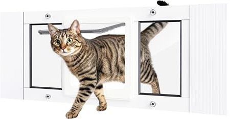 Magnetische Katzentür für Fenster: Aluminium-Fenstereinsatz, Haustier-Innenklappentür – 4 Verriegelungsmechanismen, wasserdichte Fenster, Katzen, Hunde, Breite 68,6 cm - 81,3 cm, Weiß