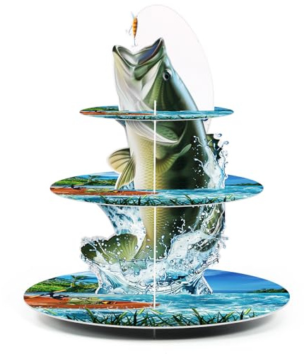 Weysat 3 Tier Fishing Cupcake Stand Birthday Party Tower Cardboard Holder | Fishing Birthday Party Cake Tower Fish Cupcake Holder for Little Fisherman Ofishally One Baby Shower Party Supplies.