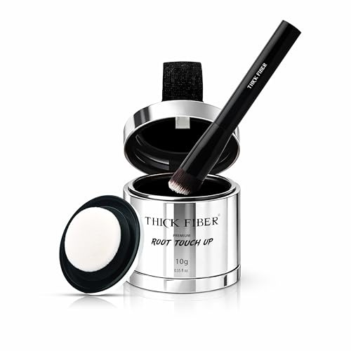 THICK FIBER Root Touch Up & Hairline Powder with Brush (LARGE 10g) – Covers Grey Roots, Thinning Hair & Bald Spots – Sweat & Water Resistant Hair Concealer for Women & Men (Black)