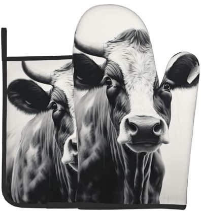 Ofenhandschuh und Topflappen-Set, Kuh in Schwarz und Weiß, ein Muss für Küche, Backofen, Mikrowelle, Grill