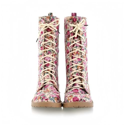 FQLGJMY donna mezzo vitello ginocchio alto cowboy combattere stivali Vintage etnico fiore design in pelle pizzo fino tondo dita del piede grosso tacchi bassi stivali da cavallo Boho inverno autunno