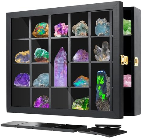 24 Grids Rock Display Case, Wandmontierbare Verstellbare Stein-Vitrine, Kristall-Sammelbox mit Fächern, Hölzerne Stein-Sammelbox für Kinder und Sammlerstücke