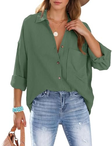 Xnova Bluse Damen Oversize Oberteile Hemd, Langarmshirt Baumwolle Hemden Blusen mit Knöpfen, Lässige Einfarbig Hemdbluse Tops Strandhemd Blouses (Grün 02, XXL)
