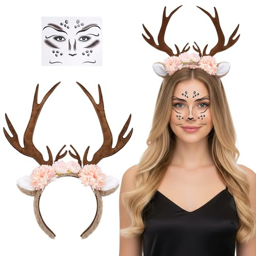 Tgsedr Reh Kostüm Damen Reh Haarreif Damen Reh Ohren Haarreif Kopfschmuck mit Blumen und Reh Gesichtstattoo Reh Kostüm Kopfschmuck Haarreifen für Halloween Karneval Cosplay Party Mottoparty