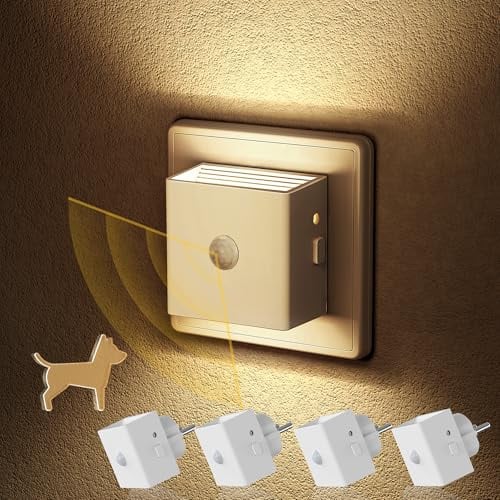 Emeritpro Nachtlicht mit Bewegungsmelder, Nachtlicht Steckdose, 3 Modi | Einstellbare Helligkeit, mit Dämmerungssensor, 1W Steckdosenlicht für Schlafzimmer, Flur, Treppe, Küche, 4 Stück, Warmweißes