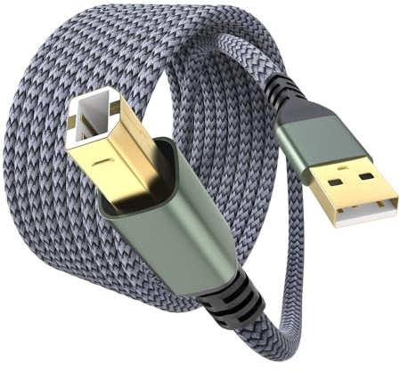 Yaekea USB A to USB 2.0 B Printer Cable Designed for HP Epson Canon Brother Dell Lexmark Xerox Samsung Oki USB Midi Cable for Scanner/Midi Keyboard/Digital Piano/DAC Grey Braid USB Cable-16.4FT