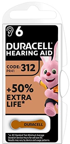 Duracell Batterie per apparecchi acustici formato 312 (confezione da 6) +50% di durata extra, installazione semplice, imballaggio 100% riciclabile, assicurate per 4 anni nell'ambiente di stoccaggio