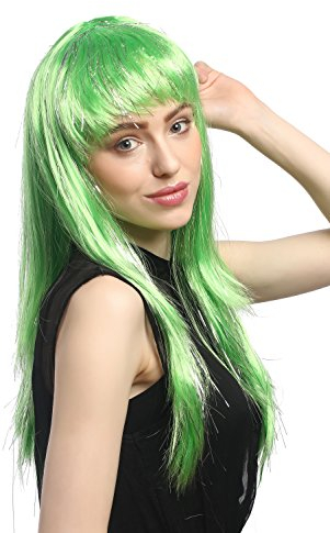 WIG ME UP - XR-003-PC15 Perücke Karneval Fasching Damen Nymphe lang glatt Pony Grün + Silberne Glitter Strähnen ca. 55 cm